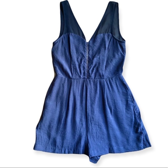 BCBGeneration Navy Blue Romper Shorts Sheer Straps Backless Pockets 2 - Picture 1 of 4